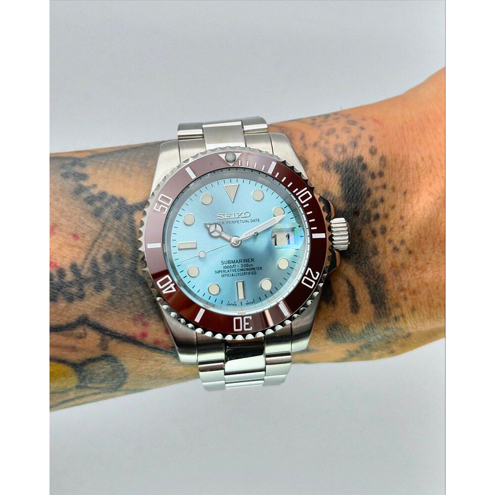 Custom Seiko Mod • Platinum Ice Blue Brown Ceramic Bezel Submariner • 40mm